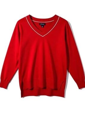 Studio Park Red V Neck Sweater Heart Elbow Patch Tail Hem Knit Size XL NWT